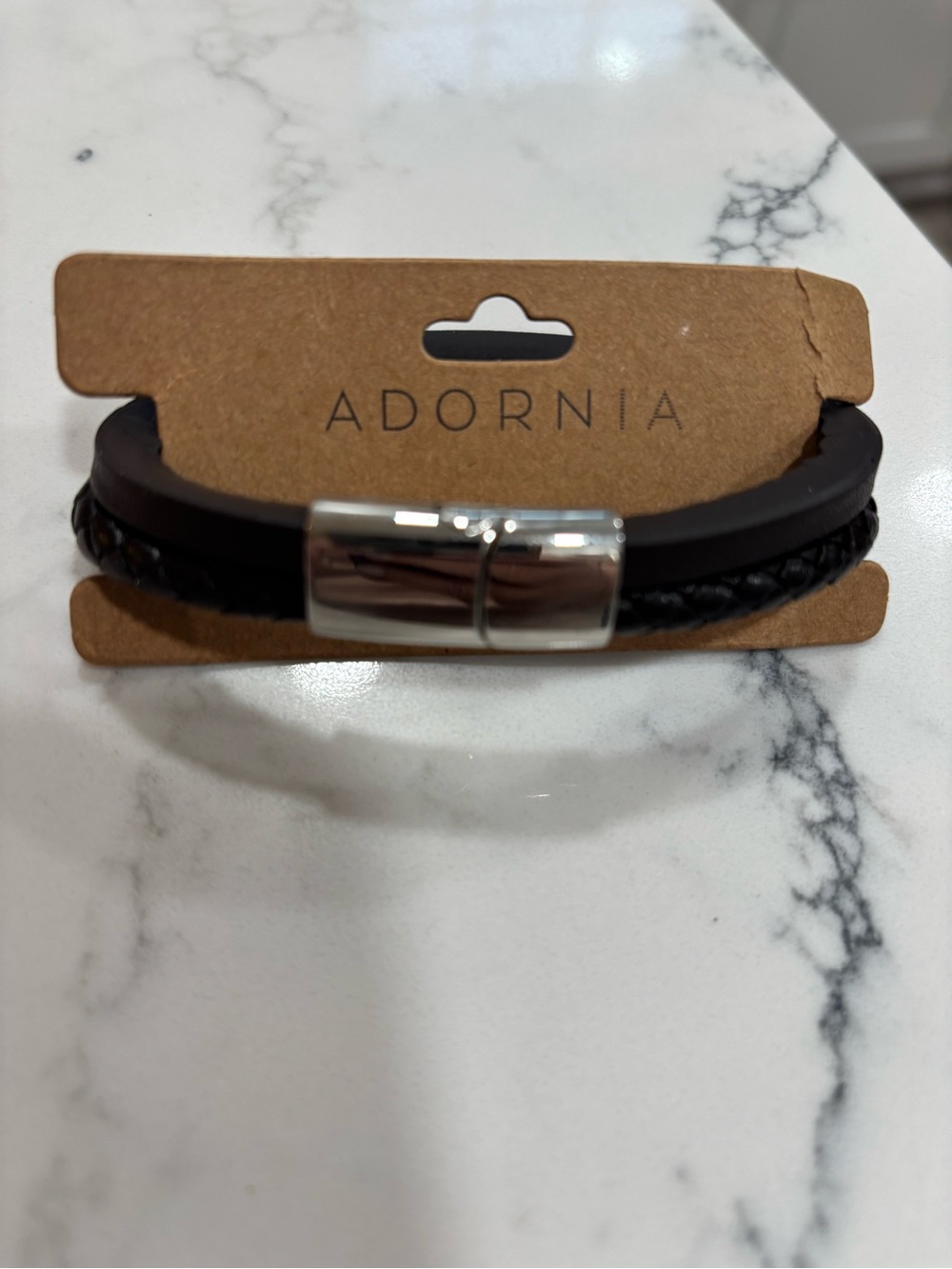 Men's Leather and Rhodium Plated Bracelet with Magnetic Clasp